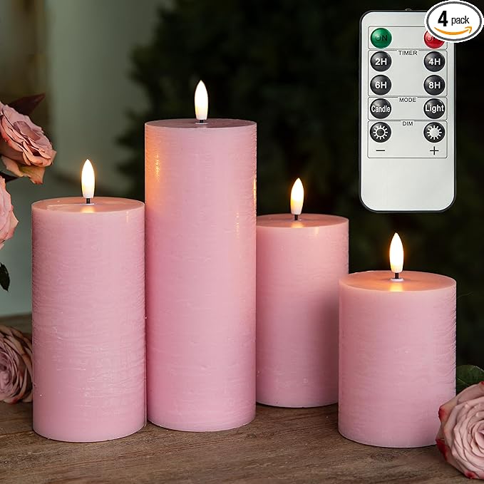 Flameless Candles, 4 Pack Battery Operated Candles with Remote, Real Wax LED Fake Candles with Timer Flickering for Christmas Wedding Home Party D3 H 5" 6" 7" 9" Pink