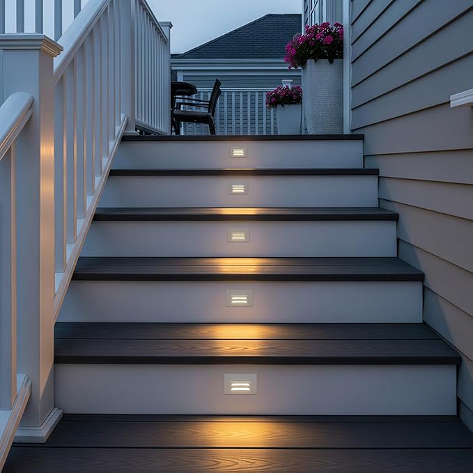 LEONLITE 5CCT 120V LED Step Lights, 3.5W Dimmable Horizontal Louvered Stair Lights Indoor Outdoor, Wet Location, CRI90, ETL, 2700K/3000K/3500K/4000K/5000K, Aluminum, White, Pack of 6