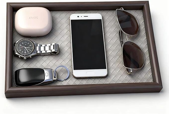 Zosenley Wooden Valet Tray with Leather Base - Nightstand Catchall Organizer for Cologne, Perfume, Keys, Wallet, Phone, Watch, Jewelry & Sunglasses (Llight Gray)