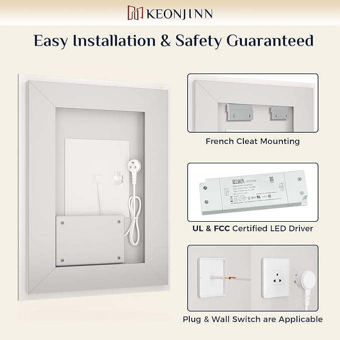 Keonjinn LED Bathroom Mirror 84 ” x 40 ” with Frontlit & Backlit, Lighted Mirror for Bathroom Wall with Dimmable 3-Color Lights, Large Anti-Fog Mirror, HD Tempered Glass, UL-Listed LED Driver