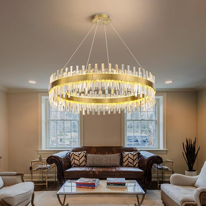 Glam Crystal Chandelier Interior Ring Chandeliers with Remote Dimmable LED Light Adjustable Hanging Lights Luxury Ceiling Pendant Lighting Fixtures for Living Dining Bedroom Foyer Gold Light