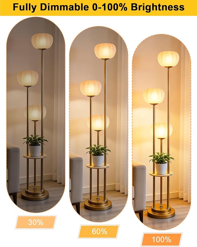 Lightdot Gold Dimmable Floor Lamp with Table, Mid Century Modern Floor Lamps with Pumpkin Lampshade & Bulbs, 3-Light Tall Standing Lamp for Living Room/Bedroom/Sofa Beside/Corner Decor