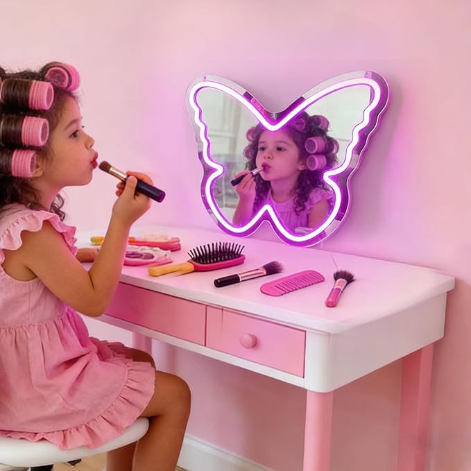 Butterfly Neon Sign with Mirror Backing - Dimmable LED Mirror Wall Decor for Girl's Bedroom, 16x12 Inch Glowing Purple Butterfly Vanity Mirror with Lights, USB Powered Kids Room Gift