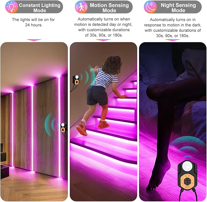Motion Sensor LED Light Strip Indoor 19.68ft/6M, Under Bed Lights RGB Color Changing | Music Sync | App & Remote Control | ETL Listed Adapter Dimmable | Night Lights for Bedroom, Stair, Cabinet Decor
