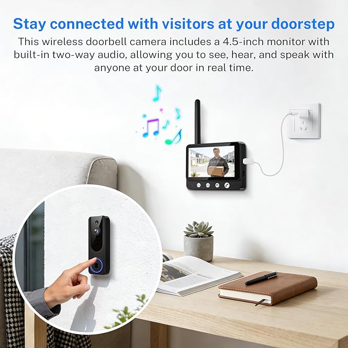 Wireless Doorbell Camera Video Intercom System with 4.5" Indoor Visual Base Station, Two Way Talk, Smart AI Motion Detection, Night Vision, Cloud Storage.