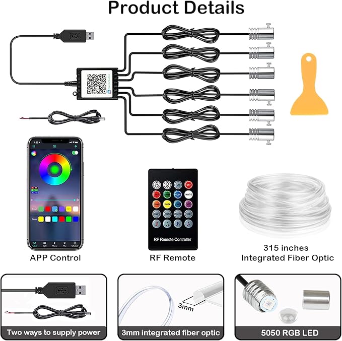 Interior Car LED Strip Lights, RGB 6 in 1 Ambient Lighting Kit with 315 inches Integrated Fiber Optic, 16 Million Colors Car Interior Lights with Wireless APP& Remote Control, Sync to Music