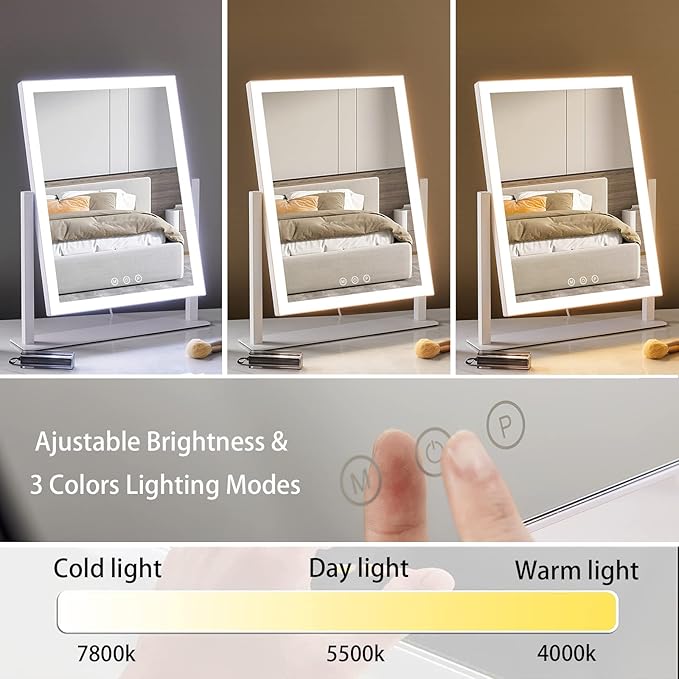 HIEEY Lighted Makeup Mirror, Hollywood Vanity Mirror with Lights, Three Color Lighting Modes, and 5X Magnification Mirror, Smart Touch Control, 360°Rotation (16.3in,White,Gift Box)