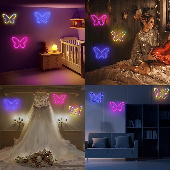 BRIGHTDECK 3 Pcs Butterfly Neon Signs, Neon Light for Bedroom, USB or 3-AA Battery Powered LED Neon Signs Wall Decor, Neon Lights for Birthday Gift, Wedding, Party, Home Decor (Pink, Blue, Colourful)