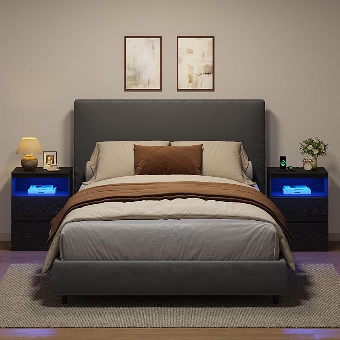 Nightstand Set of 2 with LED Lights, 26" H with Hidden Drawer,Bedside Table with Charging Station, 3 Drawers, Modern Night Stand for Bedroom, Black