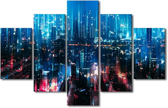City Landscape Canvas Art Native Americans Home Wall Decoration Bangkok Night City Poster Energy Digitalization Picture Printing Student Bedroom Decoration 5 Panel Meeting Room Poster 60x40 Inch