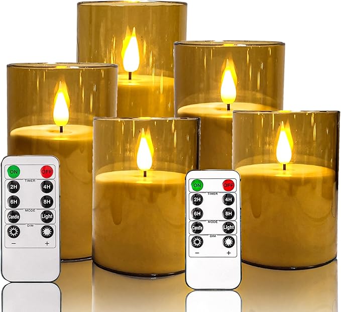 NICEME Amber Flickering Flameless Candles Battery Operated Acrylic LED Pillar Candles with Remote Control and Timer Flameless Halloween Candles for Thanksgiving Christmas New Year Home Decor, Set of 5