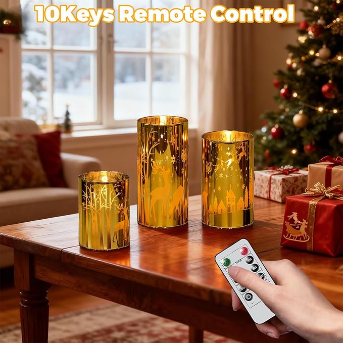 Wondise Christmas Gold Reindeer LED Flameless Candles with Remote Timer, Electroplate Glass Battery Operated Real Wax Flickering 3D Wick Pillar Candles for Christmas Holiday Home Decoration