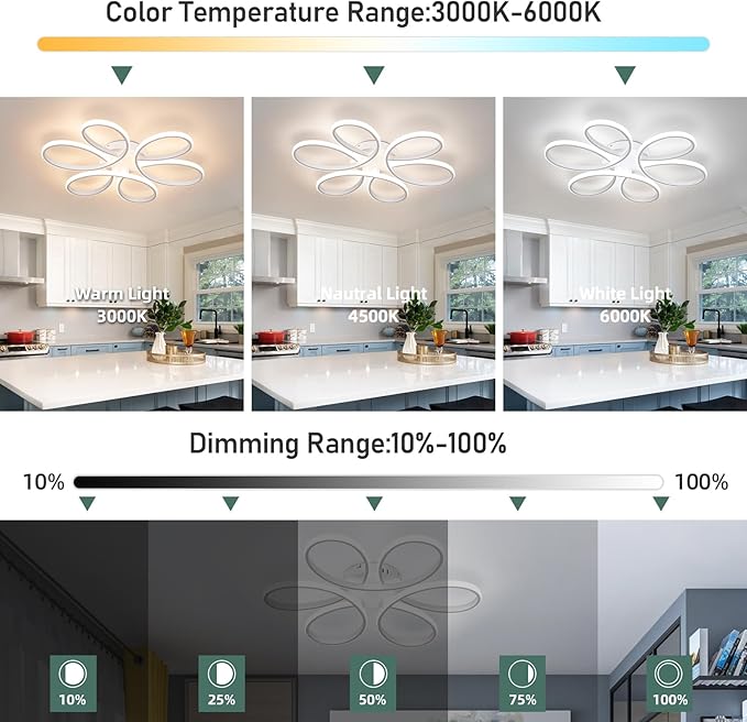26inch Modern LED Ceiling Light, 6 Rings Flower Flush Mount Light Fixture with Remote Control White Dimmable Ceiling Lamp for Living Room, Bedroom, Dining Room, Hallway, Kitchen