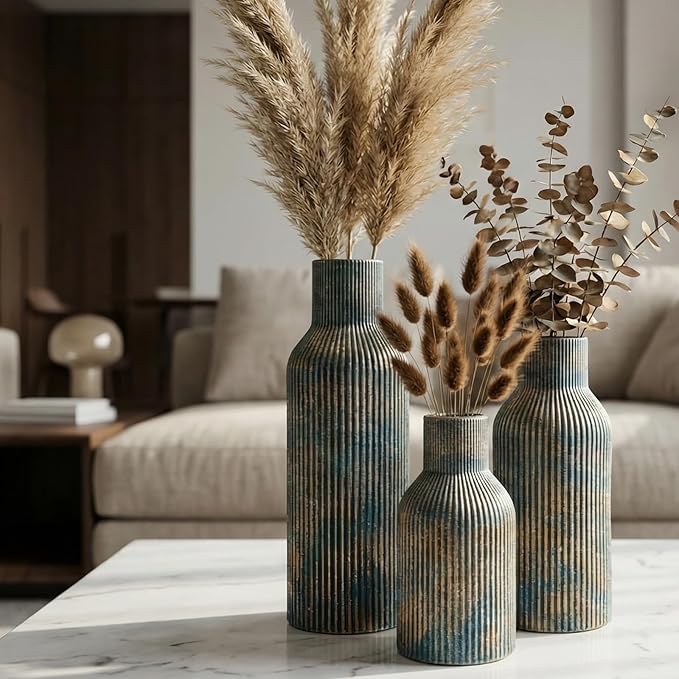 Ceramic Ribbed Vase Set of 3, Modern Farmhouse Decorative Vases in Vintage Blue, Assorted Sizes (5.9"/7.8"/9.8") for Pampas Grass, Living Room, Shelf and Table Centerpiece