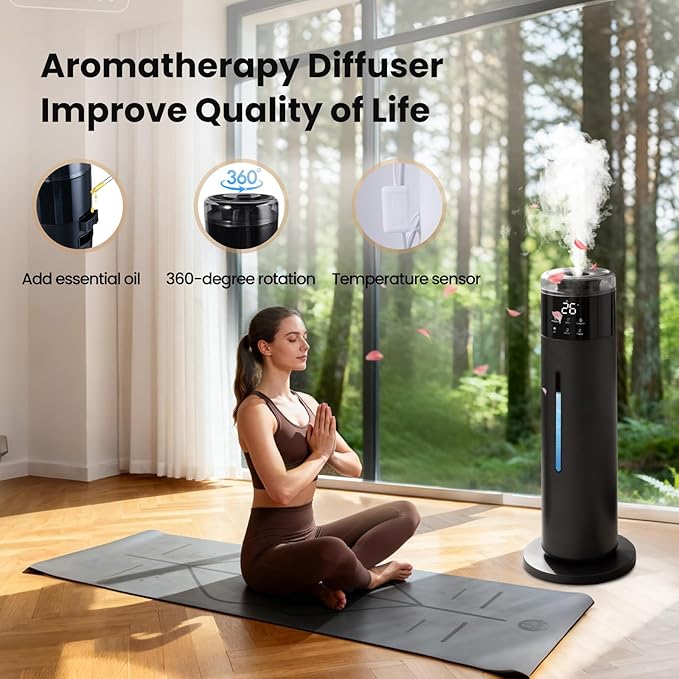 Large Humidifier for Bedroom, 8L/2.1Gal Ultrasonic Cool Mist, Remote control,Easy Clean with 350ML/H Large Mist Speed, Suitable for Kids Room Plant Yoga Study Room Office (Black)