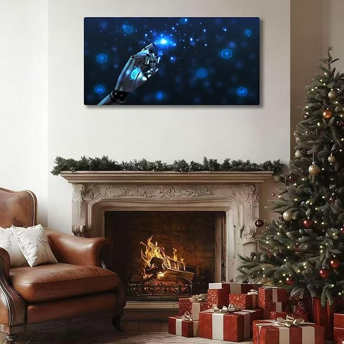 Wibinuki Wall Art Wall Decor Wall Paintings robot ai artificial intelligence pointing finger touch screen blue for Living Room Bedroom Bathroom Home Decor Can Be Hung Directly 20"x 40"