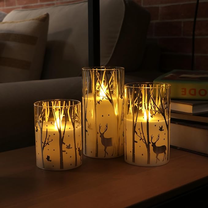 Rhytsing Silver Reindeer Design Glass Battery Operated LED Candles with 6H Timer, Christmas Flameless Candles with Warm White Light, Batteries Included - Set of 3