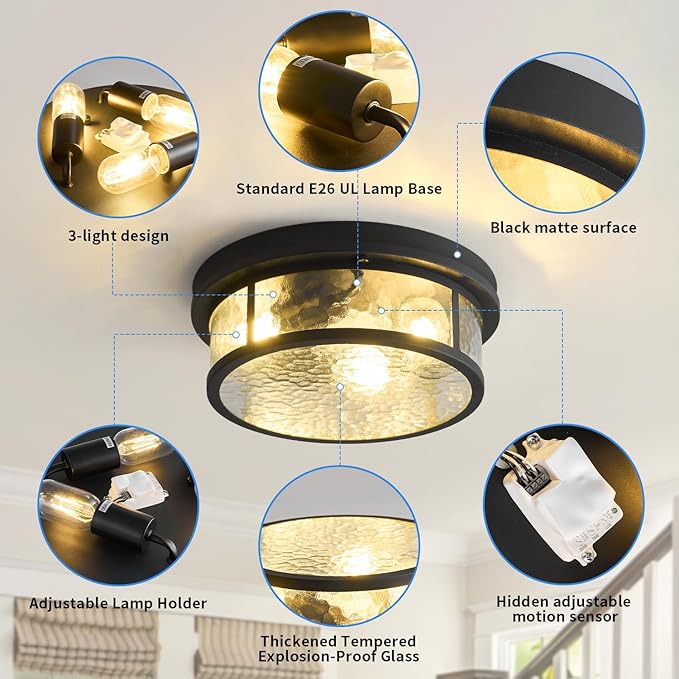 Adjustable Motion Sensor Flush Mount Ceiling Lights Fixture with Water Ripples Glass Shade,Round Matte Black Metal Modern Ceiling Lamp for Entryway,Hallway,Porch,Patio and Garage,12 inch,3-Light