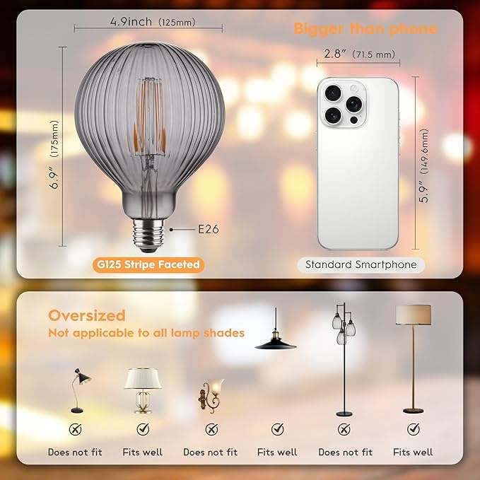 Vintage Edison LED Bulbs, Dimmable 4W Globe G125, 2200K Warm White Ambient Mood Lighting for Decoration, Squirrel Cage Filament, Smoke Striation Figure Glass LED Light Bulbs, E26 Base
