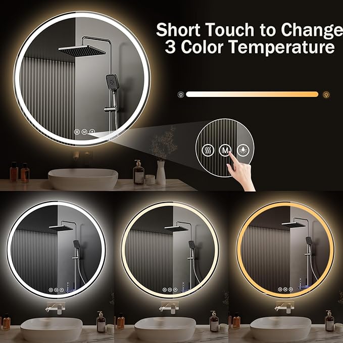 LED Bathroom Mirror 30 Inch Round Bathroom Mirror with Lights, Circle LED Mirror, Wall Mounted Lighted Bathroom with 3 Colors Brightness, Anti-Fog, Dimmable, Shatter-Proof
