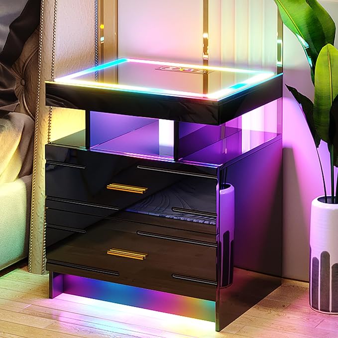 HNEBC LED Nightstand Set of 2 with Charging Station, High Gloss Nightstands Set 2 with Drawer and RGB Dynamic Lighting, Smartt Bedside Table for Bedroom/Living Room (Black)