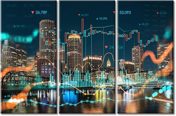 TUMOVO 3 Panel Concept of International Trading Paintings Black and White Wall Art Boston Night Time Painting Wall Decor for Living Room Minimalist Artwork Ready to Hang (42" Wx28 H)