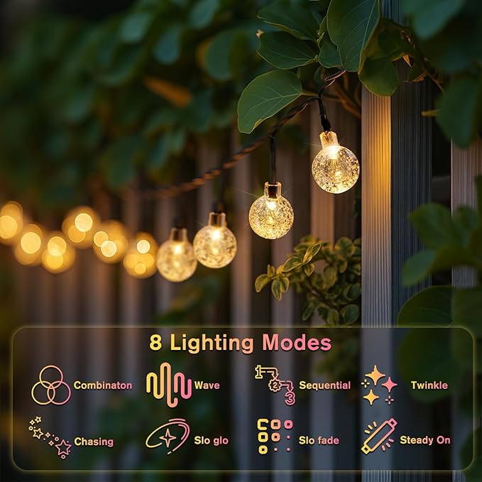 Metaku 2 Pack Solar String Lights for Outside, Total 72FT 120 LED Crystal Globe String Lights, Solar Powered Outdoor Lights with 8 Lighting Modes, Patio Light for Garden, Camping and Party Warm White