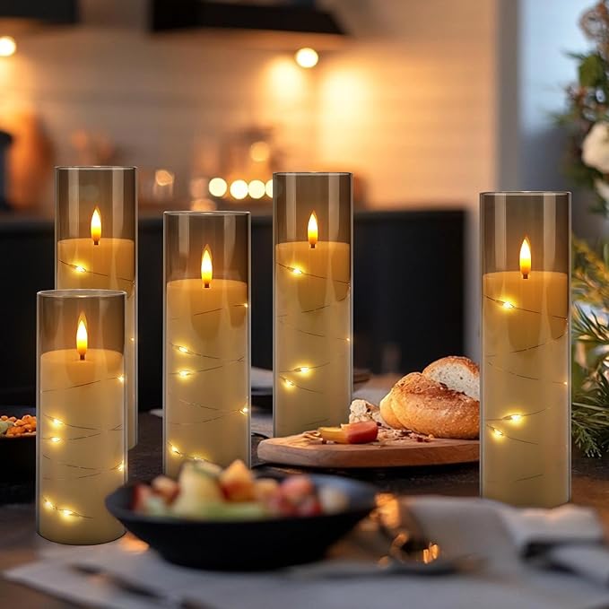 12-Pack Gray Acrylic Flameless LED Candles with Embedded String Lights - Remote Control for Holiday & Home Decor,Weeding.