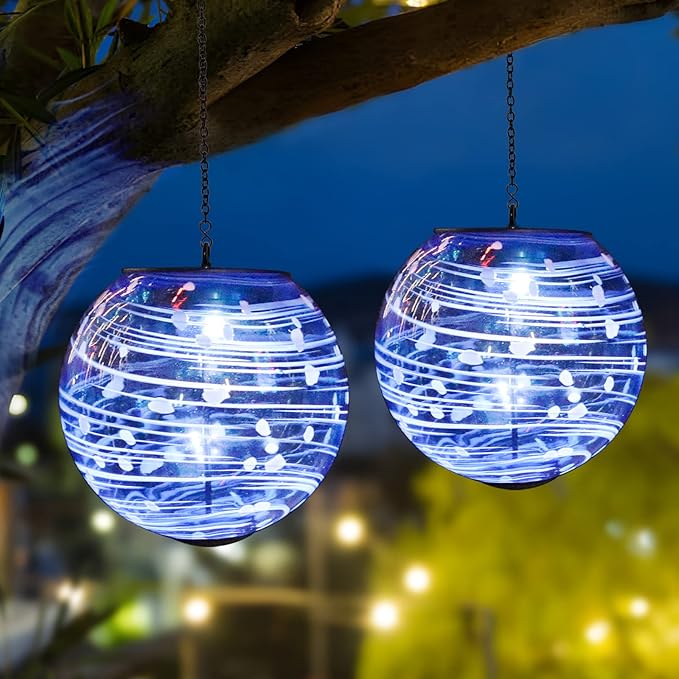 Solar Lanterns Outdoor Waterproof Hanging Outdoor Solar Lanterns Glaze Ball Outdoor Hanging Lights Waterproof Garden, Patio, Pathway & Yard Décor 2 Pack
