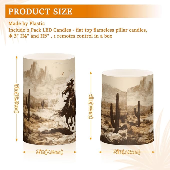 YETTASBIN Western Desert Cowboy Flameless Candles with Remote Control and Timer, Adjustable Brightness Long Lasting Battery Operated LED Pillar Candles for Indoor Outdoor Party Home Decor, 2 Pack
