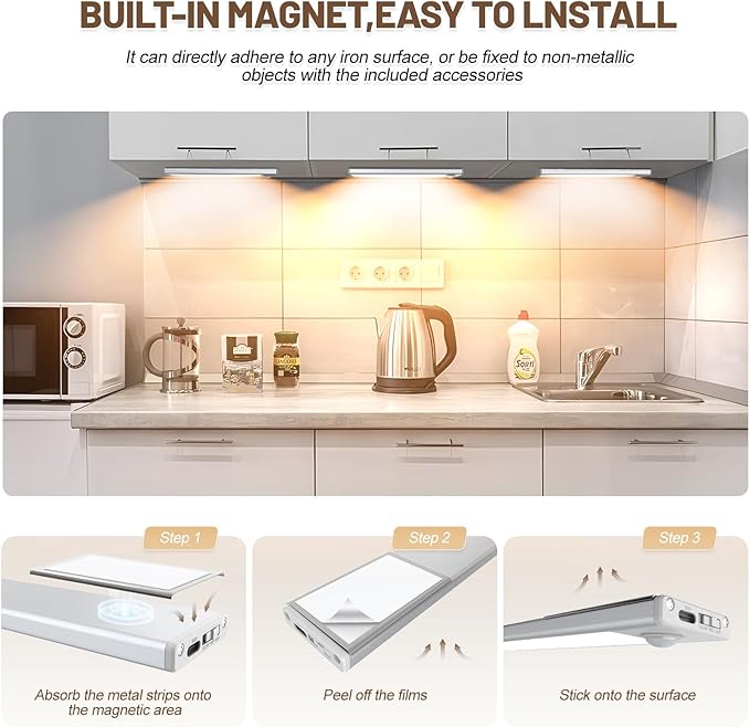 6 Pack Under Cabinet Lighting Wireless, 50 LED Rechargeable Battery Motion Sensor Light Indoor, Stick On Magnetic Closet Lights, Under Counter Lights for Kitchen, Stairs, Warm 12 in