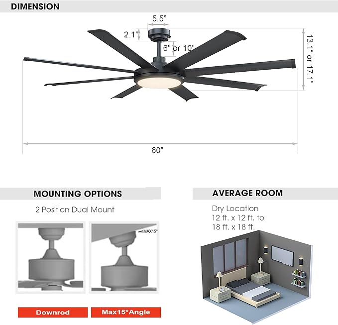 Ceiling Fans with Lights and Remote 60 Inch Industrial Ceiling Fan with Light for Bedroom Living Room, Black Large Outdoor Ceiling Fans for Patios, 6-Speed Reversible DC Motor, Ventilador de Techo