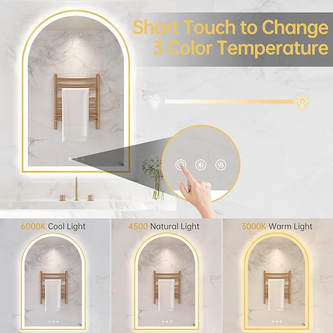 24"x36" Arched LED Mirror for Bathroom, Brushed Gold Lighted Bathroom Mirror with Lights, Fogless, Dimmable, Shatterproof, Touch Sensor, 3 Color Changing