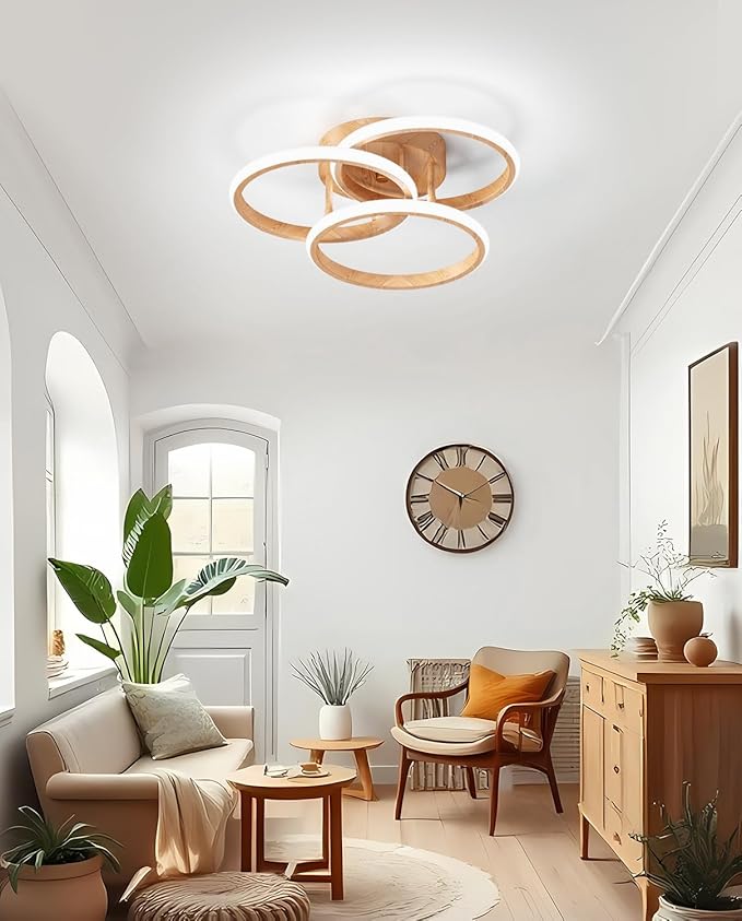 Dimmable LED Semi Flush Mount Ceiling Light Fixture with Remote Control 3-Color Dimming Circle Modern Light, Close to Ceiling Bedroom Kitchen Hallways Balcony Corridor Lamp (15in- 3 ring LightWood)