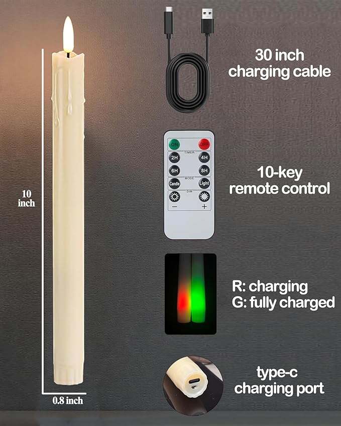 9.6" Rechargeable Flameless Taper Candles with Remote and Timer, Ivory LED CandleSticks, 2 Pack Long Taper Candles Battery Operated for Window, Table, and Mantel Decor