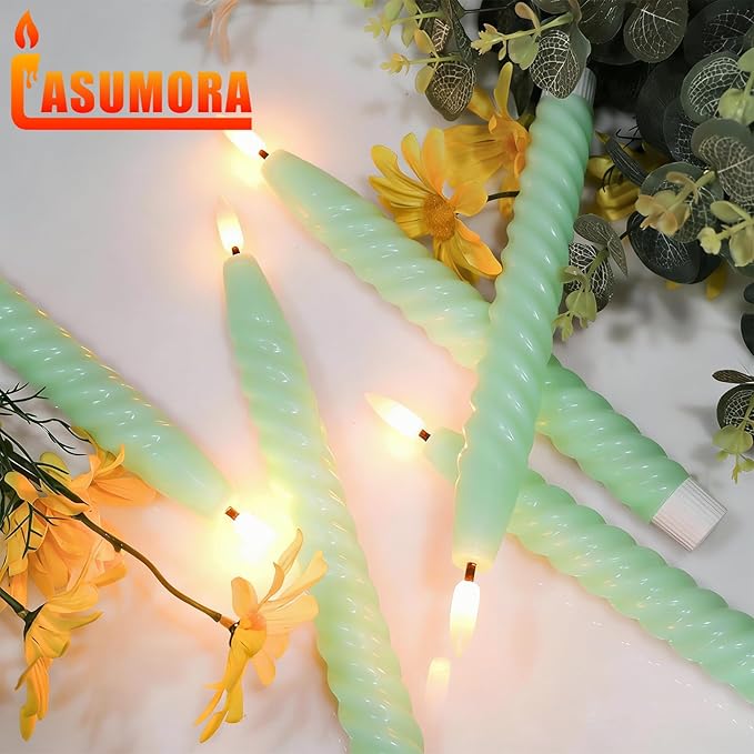 Easter Flameless Taper Candles Green Pastel Flickering with Remote Timer, Battery Operated Warm 3D Wick LED Spiral Candles 6 Pack 9.8" Real Wax Wedding Home Birthday Spring Easter Decorations