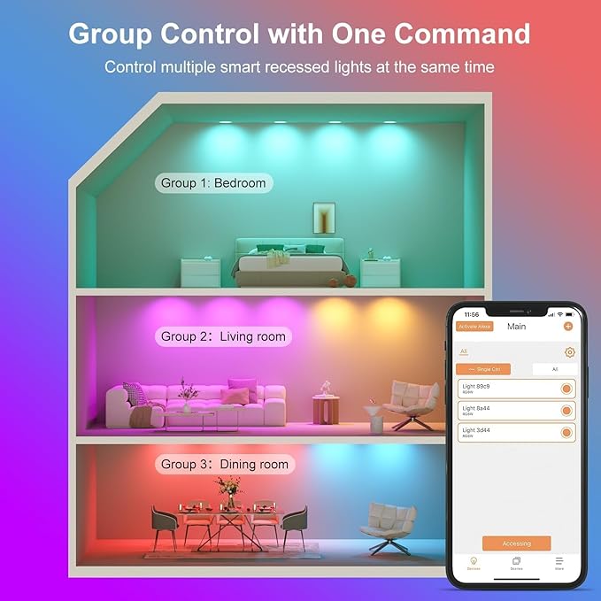 Smart Recessed Lighting 4 Inch RGBCW Color Changing 12W LED Downlight with Junction Box,1080 Lumen Recessed Ceiling Light Compatible with Alexa,Dimmable by Bluetooth Control -1Pack