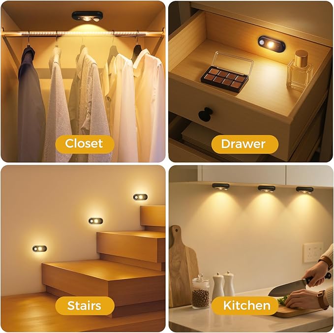 LED Motion Sensor Puck Lights, Small Rechargeable Under Cabinet Light, Dimmable Warm White Closet Lights, Wireless Under Cabinet Lighting for Drawer, Kitchen (6 Pack, Black)