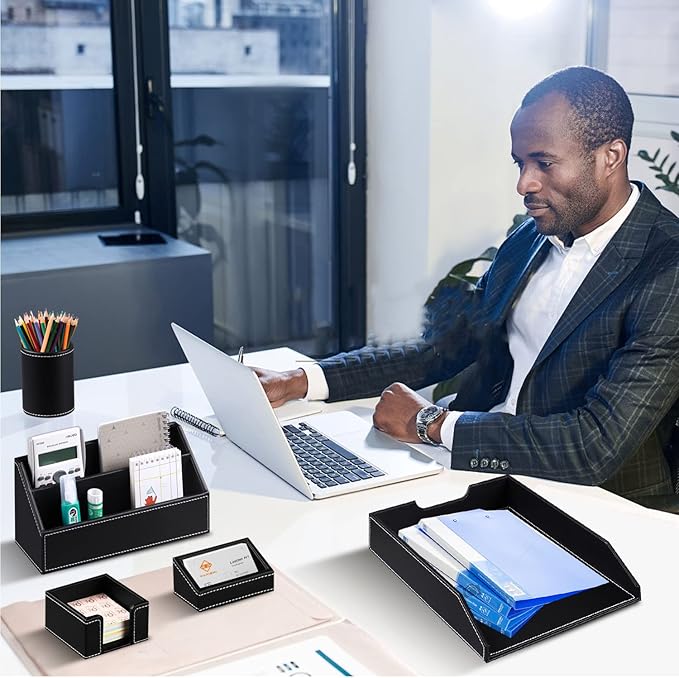 Office Desk Organizer and Workspace Accessories Storage Caddy for Men, Black Leather 6 PCS Set- Pencil Cup, Business Card Holder, Sticky Note Dispenser, Mail Sorter, Letter Tray, Magazine Holder