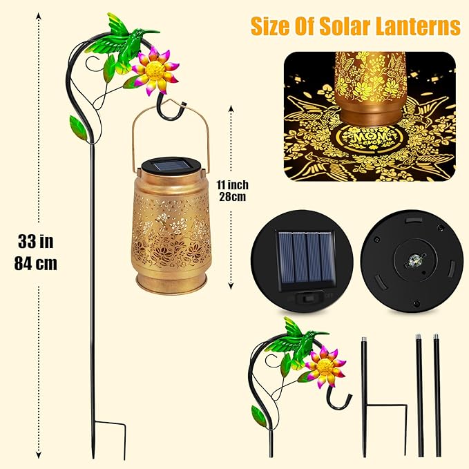 Hummingbird Solar Lanterns Outdoor Waterproof, Hanging Solar Lights Garden Lanterns with Shepherd Hook, Metal Garden Decor for Yard, Patio, Lawn, Landscape, Gifts for Women Mom Christmas