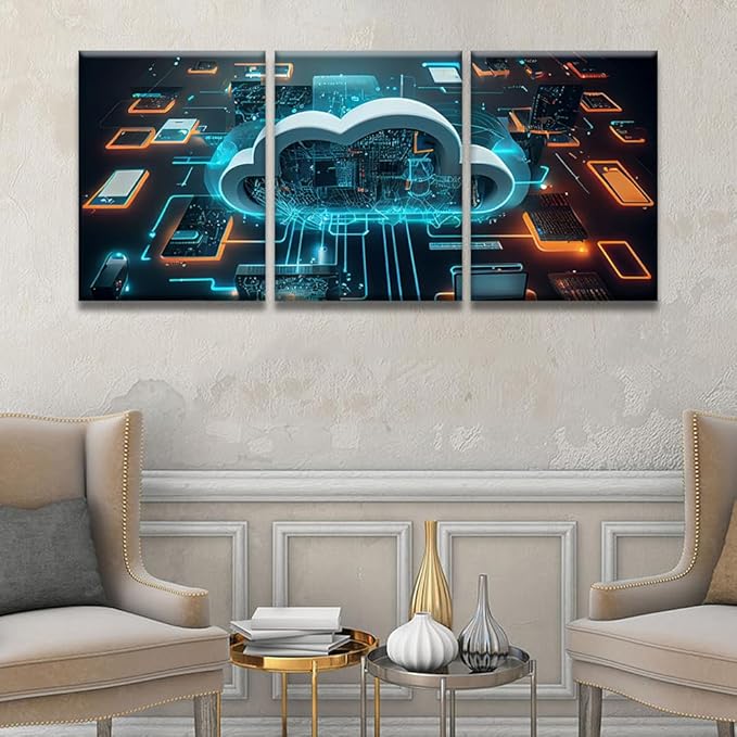 Canvas Art Wall Decor for Bedroom Cloud Technology,Cloud Computing Art Prints Canvas Art Wall Painting Artwork for Walls Canvas Wall Decor Bedroom Wall Decor Framed Ready to Hang 12x16inchx3