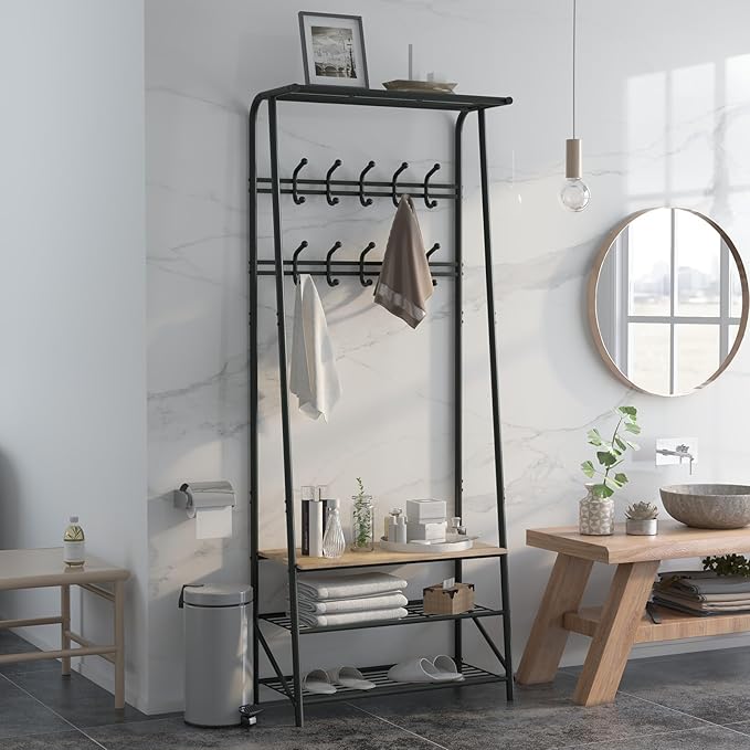 Coat Rack Hall Tree with Shoe Storage Bench, 4-in-1 Entryway Organizer, 10 Hooks & 3-Tier Shoe Rack, Freestanding Metal Frame for Hallway, Front Door