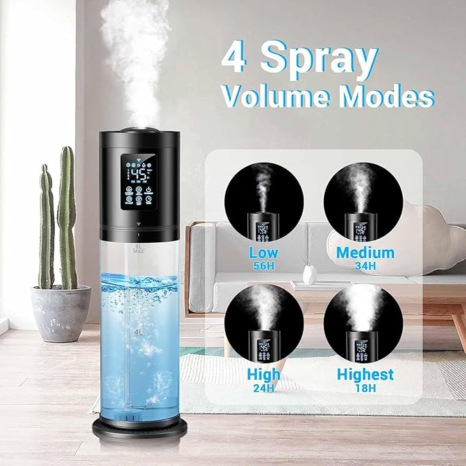 8L/2.1 Gal Humidifiers for Bedroom Large Room, 4 Levels Cool Mist Humidifier with Clear Tank, 7 Color Lights Essential Oil Diffuser with 16H Timer, Top Fill Air Humidifier for Home Plants