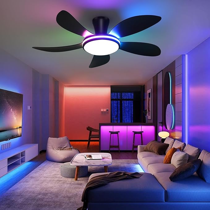PHORUS 48" RGB Ceiling Fans with Lights and Remote/APP,Black Low Profile Ceiling Fans with Quiet Reversible DC Motor,Modern Flush Mount Fans Light for Bedroom Kids Room