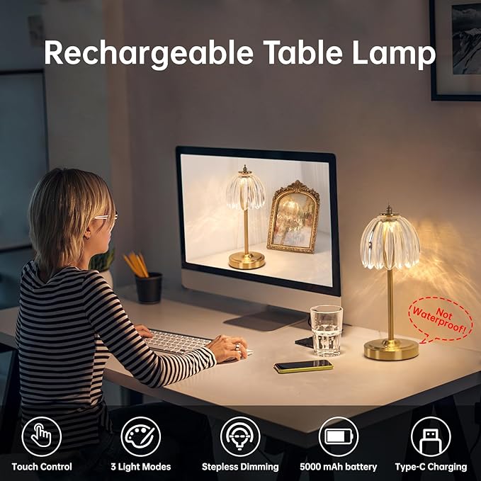 Set of 2 Tulip Table Lamp with 5000mAh Battery & Touch Control, Cordless Table Lamp with 3 Colors, Dimmable Rechargeable Table Lamps for Bedroom, Living Room, Entryways (Transparent Tulip)