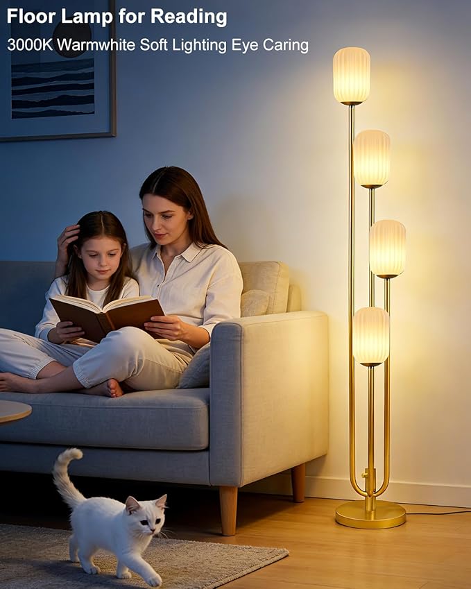 Lightdot Gold Floor Lamp 4-Lights Dimmable Floor Lamps with Cylinder-Shaped Lampshade 3000K Bulbs Included Unique Modern Standing Tall Lamp for Living Room/Bedroom/Sofa Beside/Corner Decor