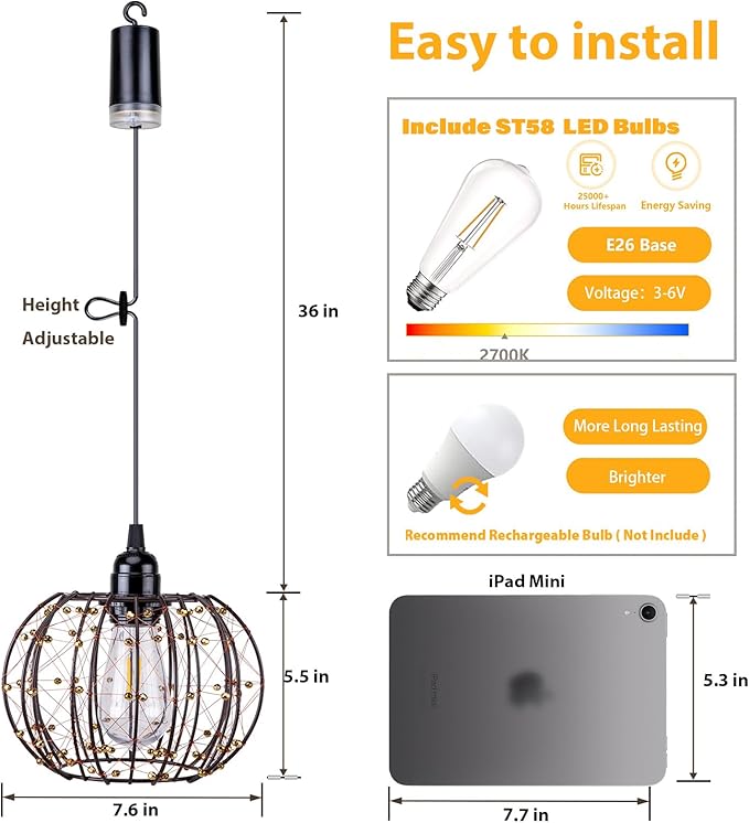 Battery Operated Hanging Outdoor Chandelier, Battery Operated Gazebo Pendant Light Outdoor Waterproof, No Wiring, Powered by 4 AA Batteries, for Gazebo, Porch, Pergola, Decor Lighting (2)