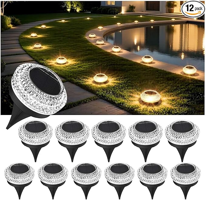 Solar Deck Lights Outdoor - IP67 Waterproof Solar Driveway Dock Lights, 12PK Solar Pthway Lights, Outdoor Warning Step Lights for Driveway Sidewalk Garden Pathway Yard Stair Backyard Decor(Warm White)