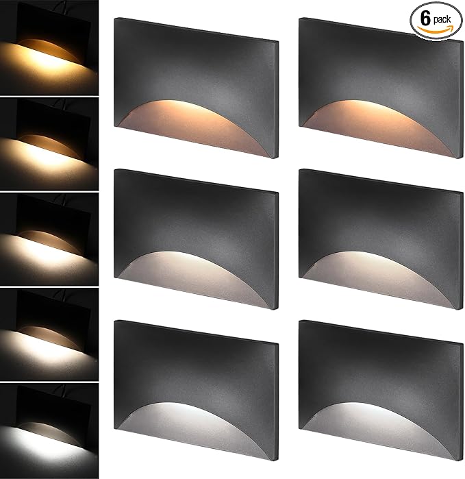 LEONLITE Black 5CCT 120V LED Step Lights, 150LM 5%-100% Dimmable Stair Lights Indoor Outdoor IP65 Waterproof, Aluminum Anti-Glare Shell, CRI90 ETL 2700K/3000K/3500K/4000K/5000K, Pack of 6