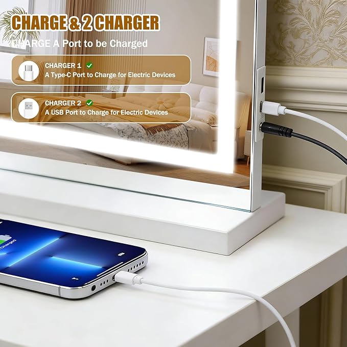 Vanity Mirror with Lights 28"x20", LED Makeup Mirror, 3 Color Lighting Modes, 10X Magnification, Smart Touch Control, Dimmable, Aluminum Metal Frame, Lighted Up for Vanity Desk (White)